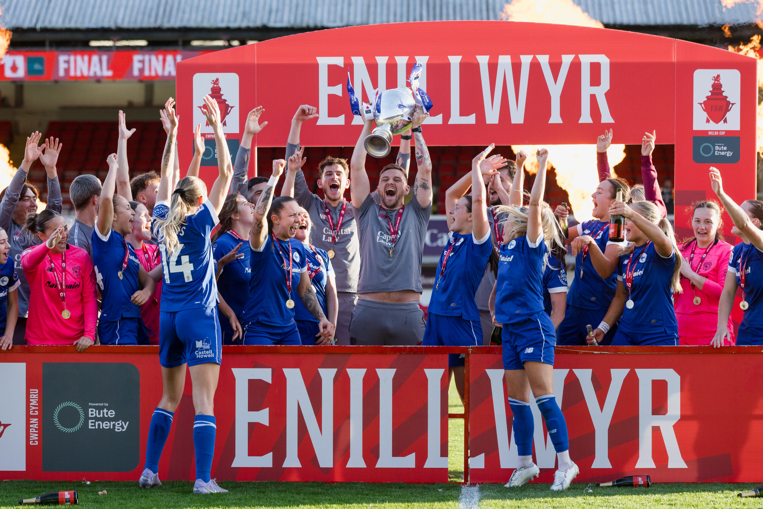 Cardiff city celebrate winning the game and lift the welsh cup during the 2024/25 Bute Energy Welsh Cup Final fixture between Wrexham AFC Women & Cardiff City Women FC at Rodney Parade, Newport, Wales