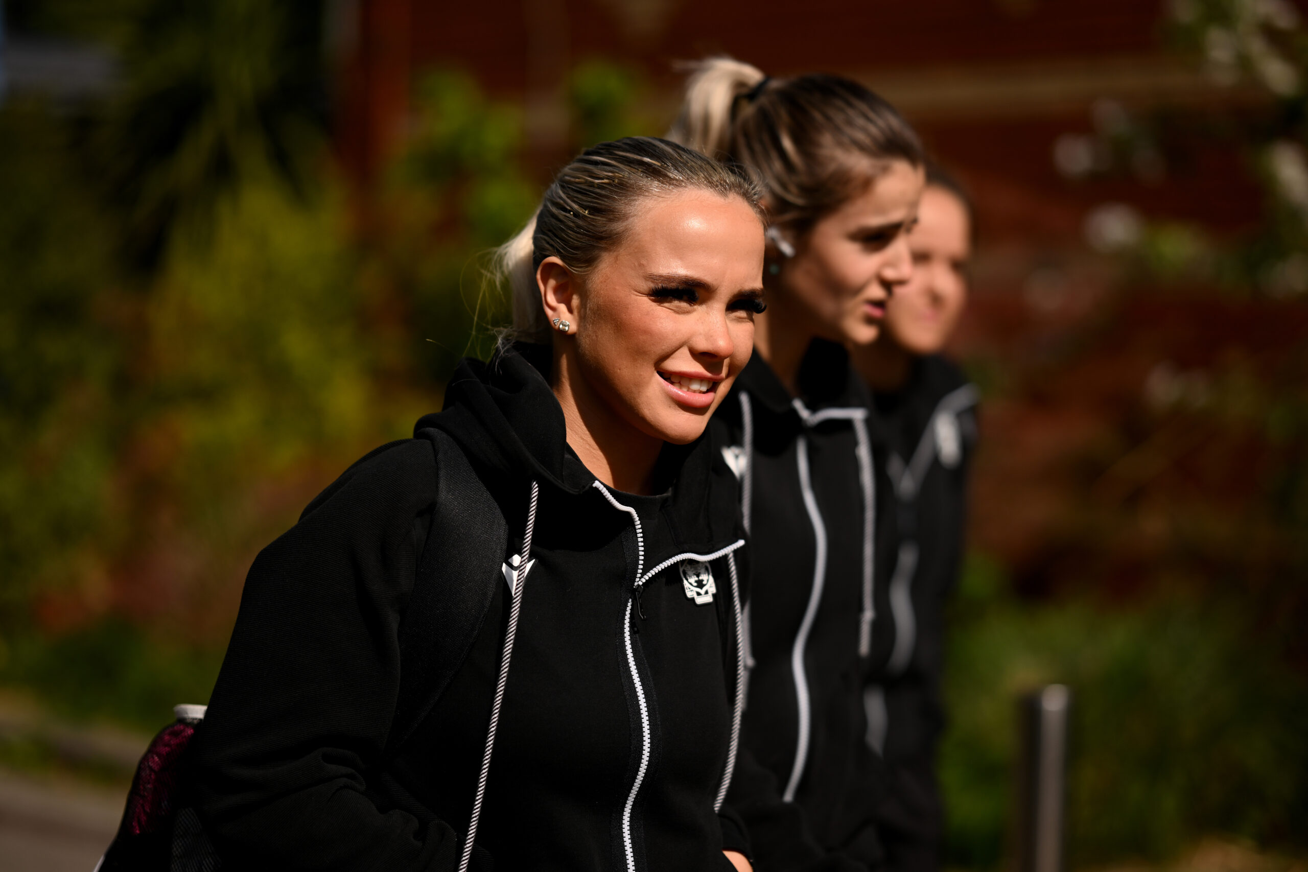Wrexham AFC Women's Erin Lovett arrives during the 2024/25 Bute Energy Welsh Cup Final fixture between Wrexham AFC Women and Cardiff City Women FC at Rodney Parade, Newport, Wales