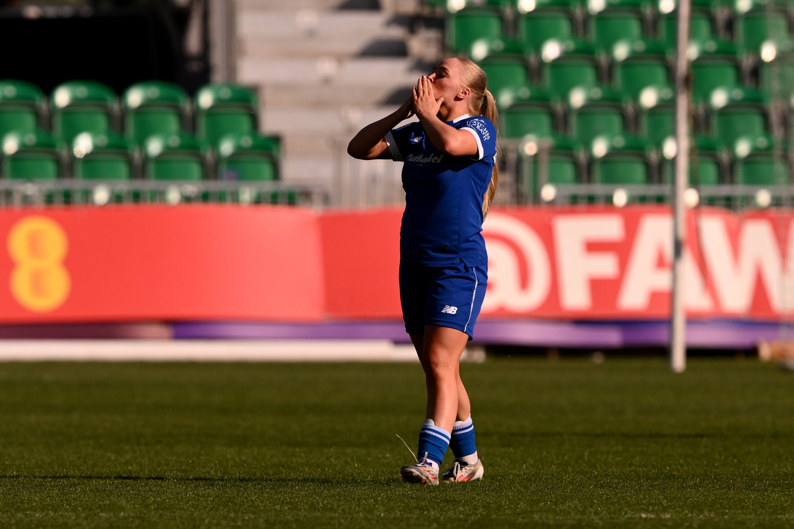 Cardiff City Women's Lily Billingham celebrates scoring her sides first goal during the 2024/25 Bute Energy Welsh Cup Final fixture between Wrexham AFC Women & Cardiff City Women FC at Rodney Parade, Newport, Wales